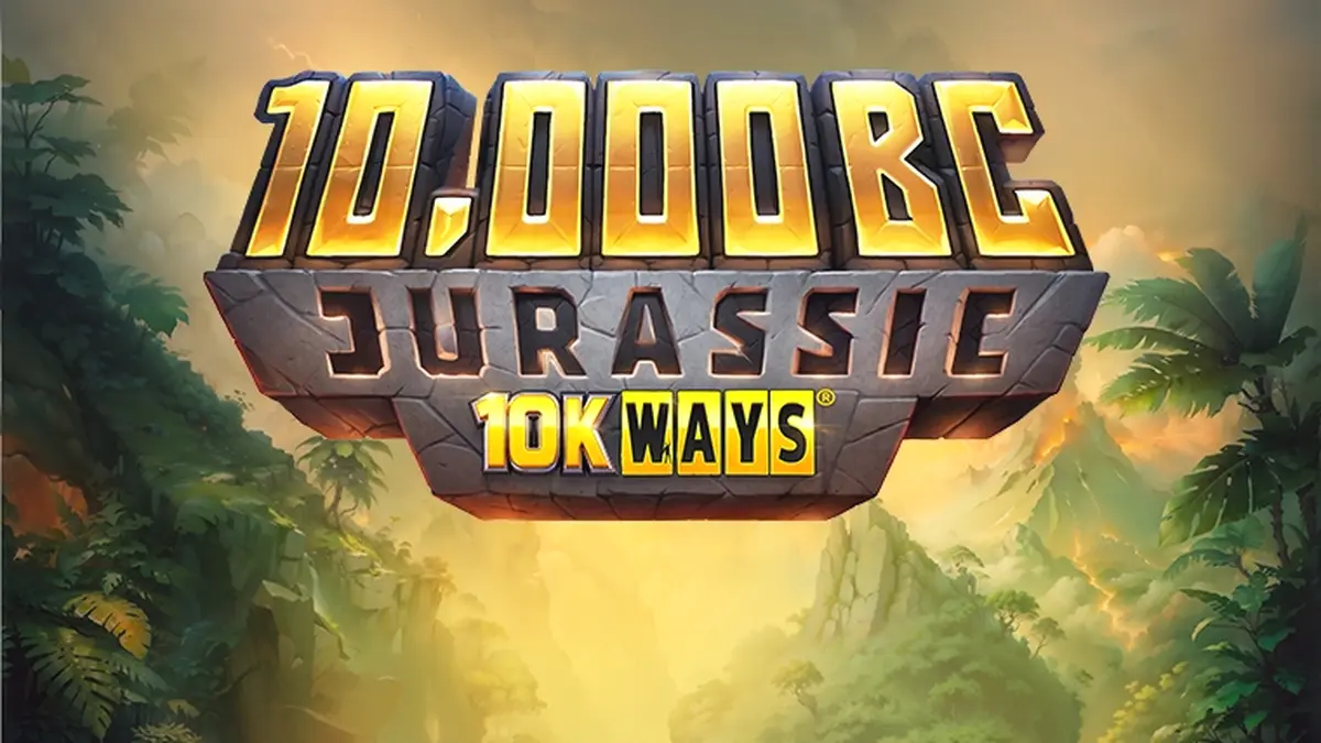 Cena de jogo do slot 10,000 BC Jurassic 10K Ways com ambiente pré-histórico.