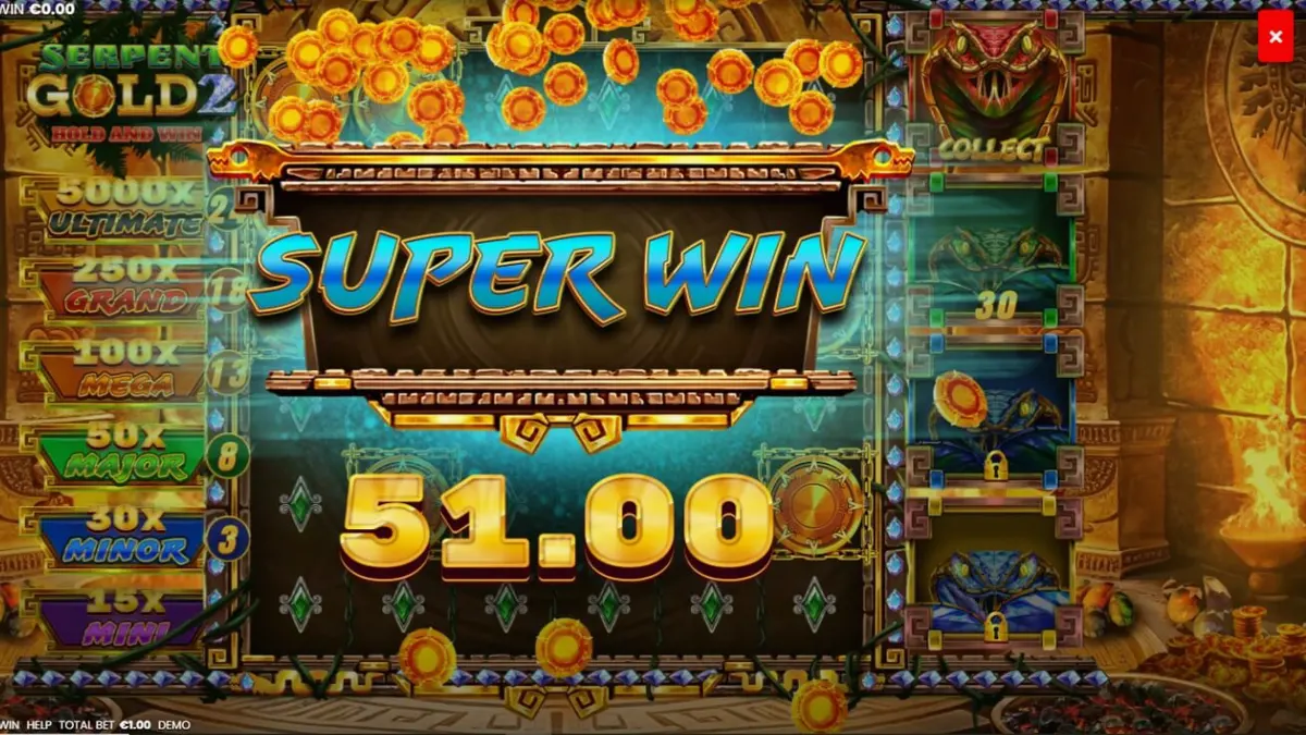 Interface do jogo Serpent Gold 2: Hold and Win com tema de selva e tesouros
