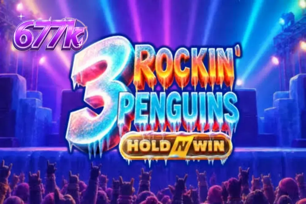 Três pinguins punk-rock em um palco de gelo no slot 3 Rockin’ Penguins
